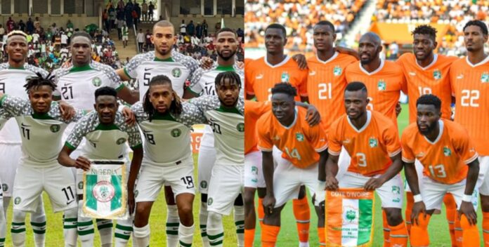 Les Supers Eagles du Nigeria (à gauche) et les Éléphants de Côte d'Ivoire (à droite)